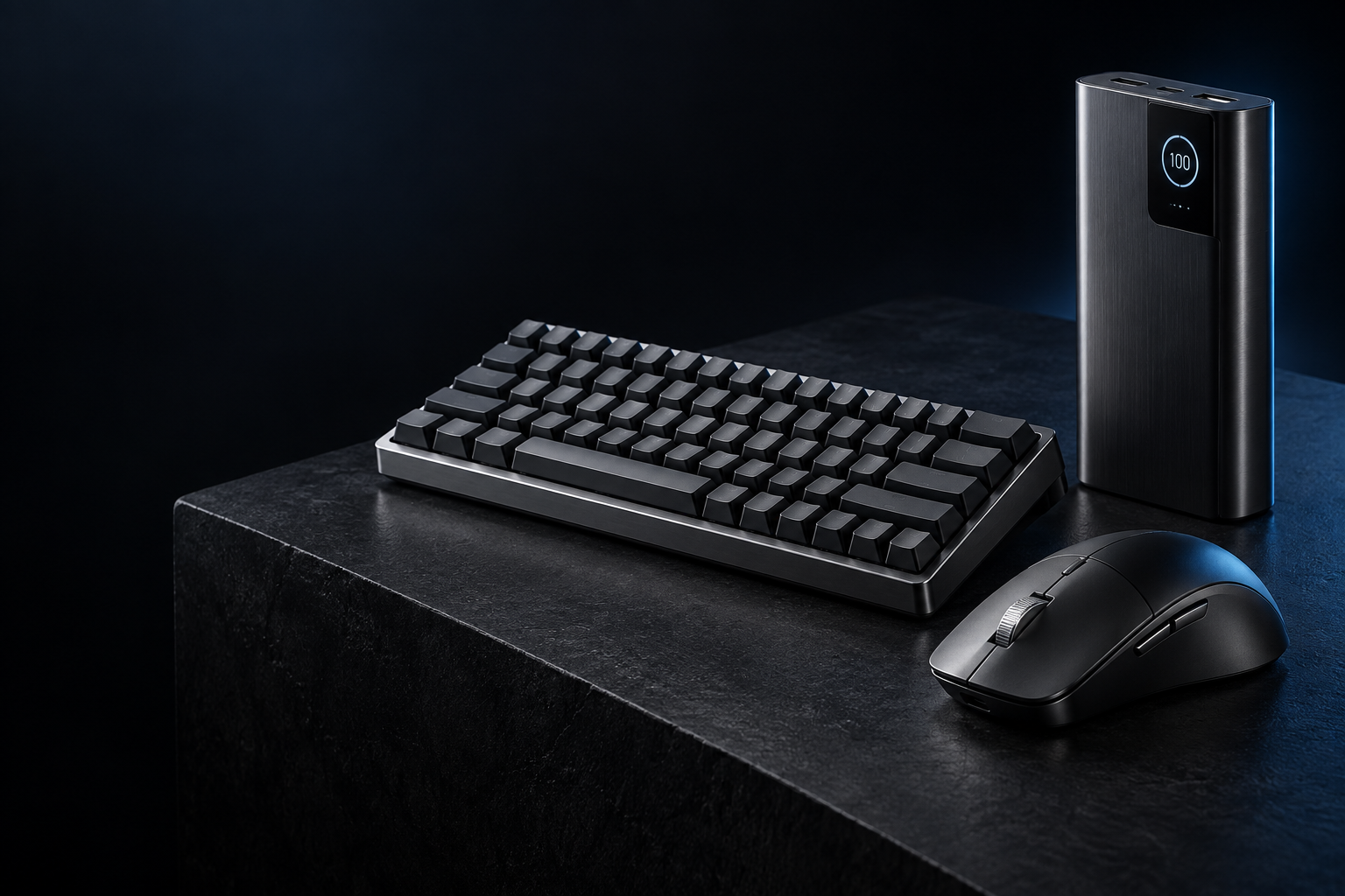 Dark precision keyboard and matching desktop accessories