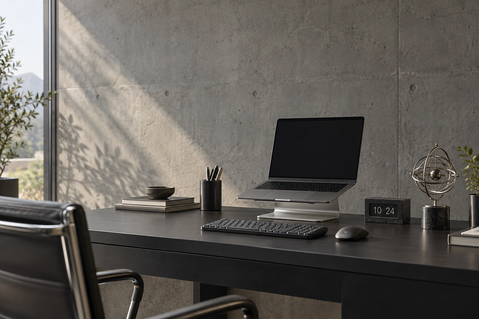 A refined contemporary desk setup with carefully arranged metal accessories